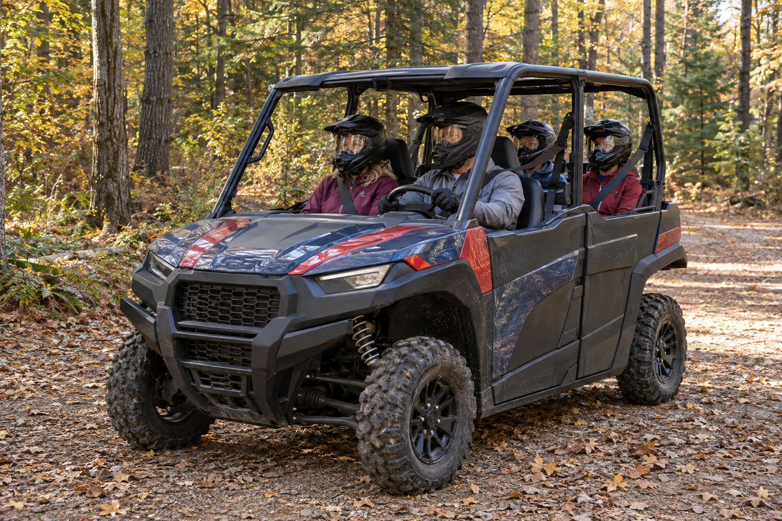 Illustrative family wearing helmets and seatbelts on a woodland side-by-side ride